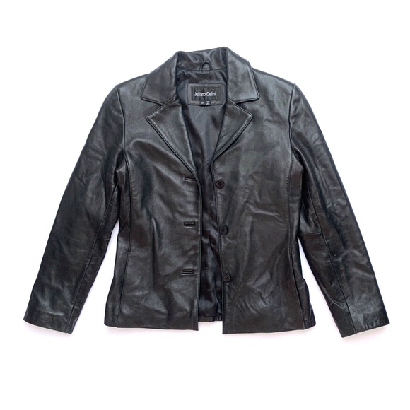 Vintage 90s Juliano Celini Soft Black Leather Button Up Fitted Jacket Blazer XS - Picture 1 of 10